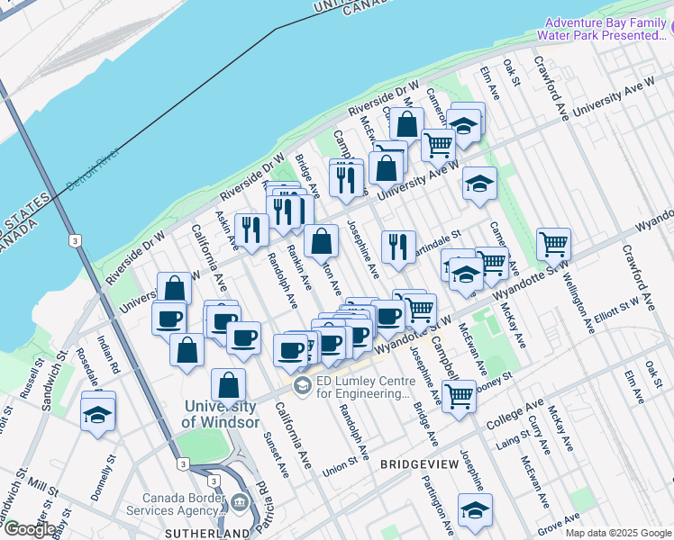 map of restaurants, bars, coffee shops, grocery stores, and more near 377 Partington Avenue in Windsor