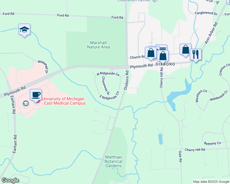 map of restaurants, bars, coffee shops, grocery stores, and more near 4976 South Ridgeside Circle in Ann Arbor