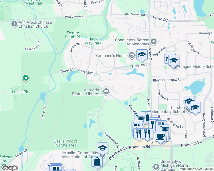 map of restaurants, bars, coffee shops, grocery stores, and more near 2371 Leslie Circle in Ann Arbor