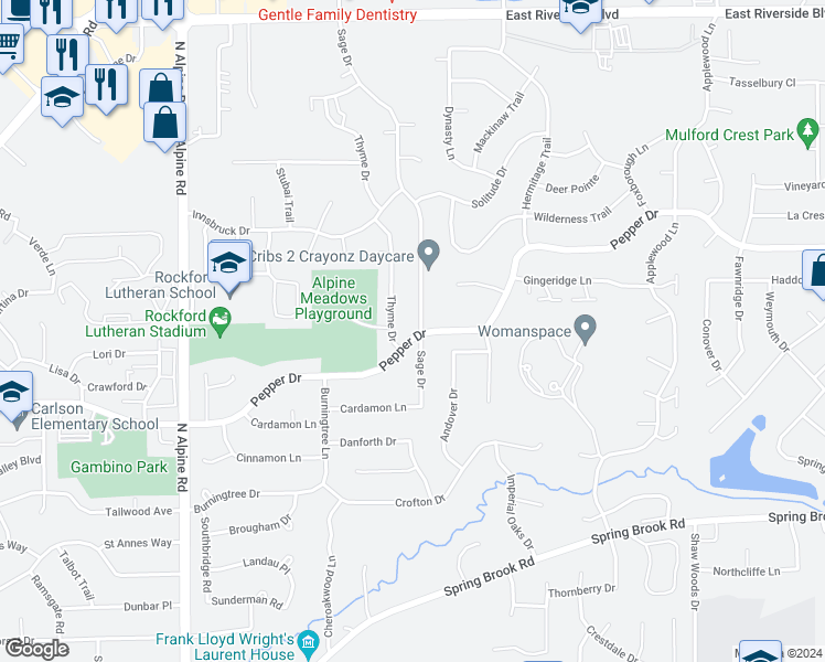 map of restaurants, bars, coffee shops, grocery stores, and more near 4962 Pepper Dr in Rockford