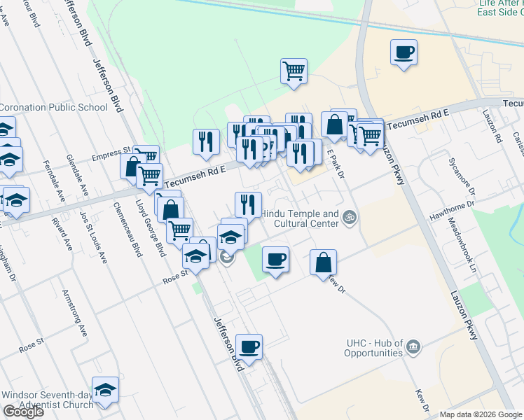 map of restaurants, bars, coffee shops, grocery stores, and more near 6588 Thornberry Crescent in Windsor