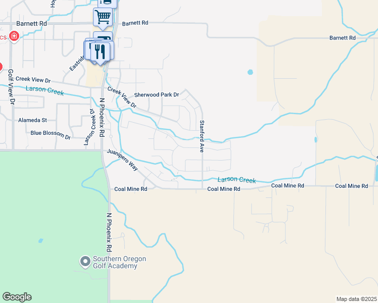 map of restaurants, bars, coffee shops, grocery stores, and more near 3858 Arizona Drive in Medford