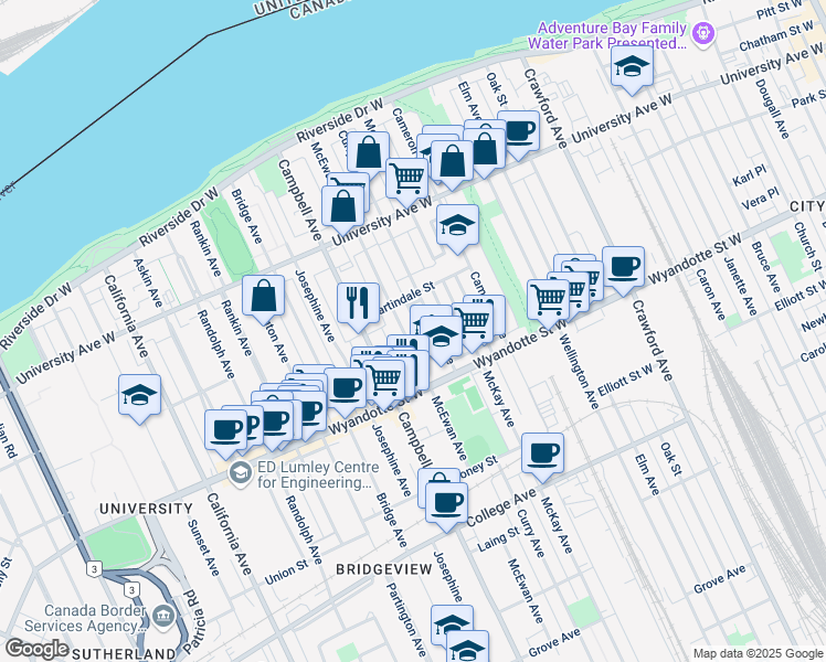 map of restaurants, bars, coffee shops, grocery stores, and more near 486 McEwan Avenue in Windsor