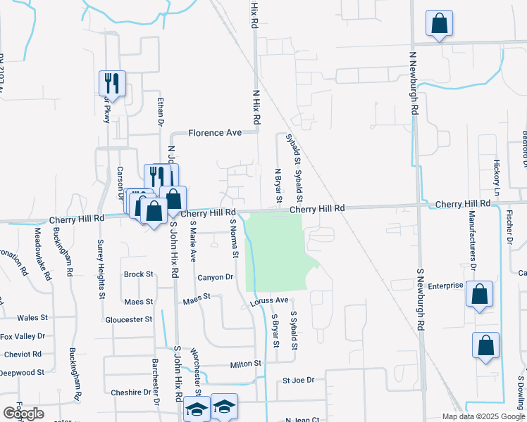 map of restaurants, bars, coffee shops, grocery stores, and more near 38356 Cherry Hill Road in Westland