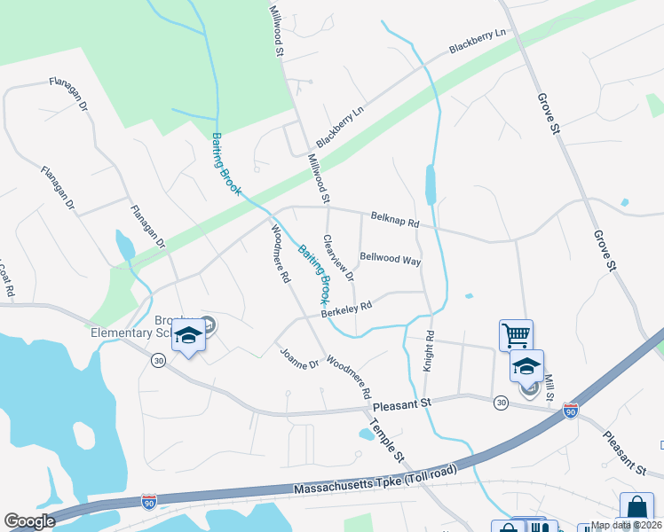 map of restaurants, bars, coffee shops, grocery stores, and more near 13 Clearview Drive in Framingham