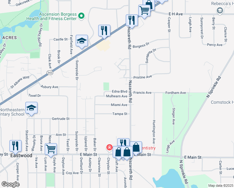 map of restaurants, bars, coffee shops, grocery stores, and more near 3420 Mulhearn Avenue in Kalamazoo