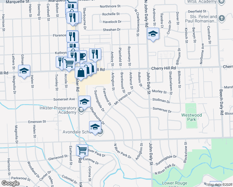 map of restaurants, bars, coffee shops, grocery stores, and more near 311 Arlington Street in Inkster