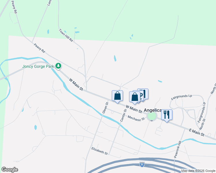 map of restaurants, bars, coffee shops, grocery stores, and more near 83 High Street in Angelica