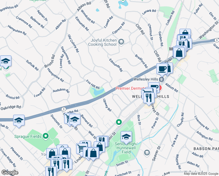 map of restaurants, bars, coffee shops, grocery stores, and more near 4 Arnold Road in Wellesley