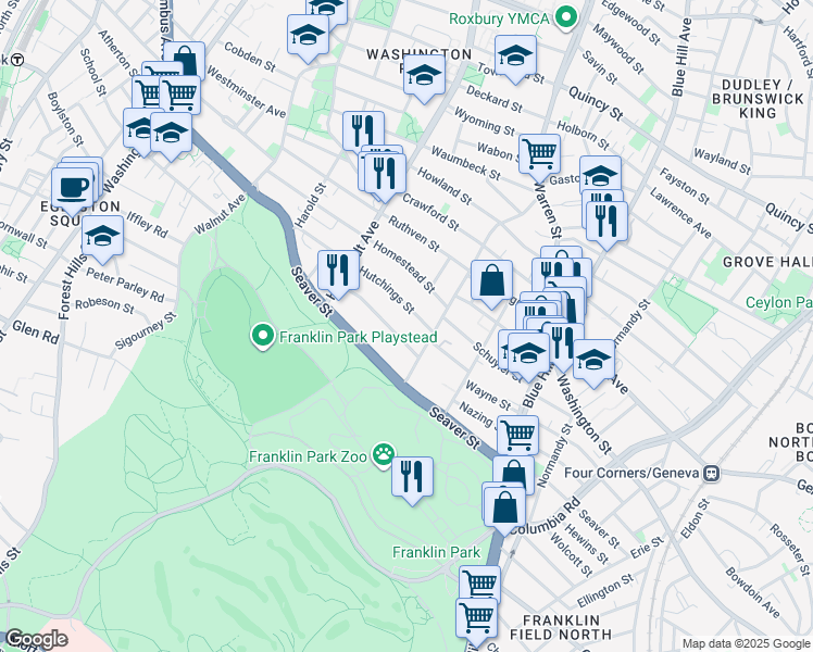 map of restaurants, bars, coffee shops, grocery stores, and more near 20 Hutchings Street in Boston