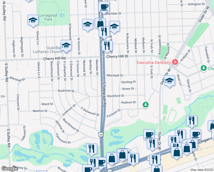 map of restaurants, bars, coffee shops, grocery stores, and more near 445 South Telegraph Road in Dearborn