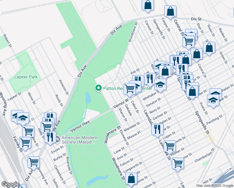 map of restaurants, bars, coffee shops, grocery stores, and more near 2371 Sharon Street in Detroit