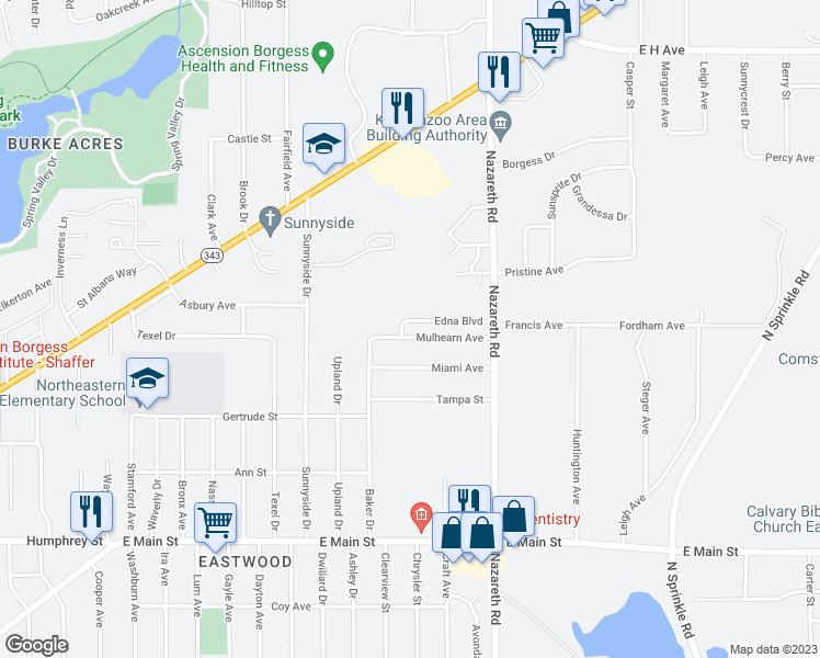 map of restaurants, bars, coffee shops, grocery stores, and more near 3223 Mulhearn Avenue in Kalamazoo