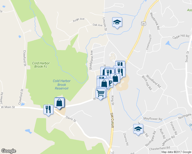 map of restaurants, bars, coffee shops, grocery stores, and more near 10 Cyrus Way in Northborough