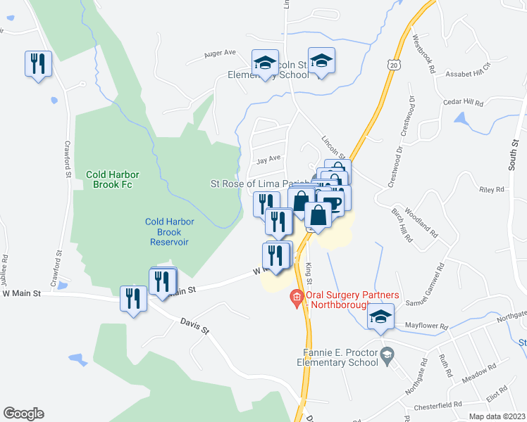map of restaurants, bars, coffee shops, grocery stores, and more near 9 Cyrus Way in Northborough