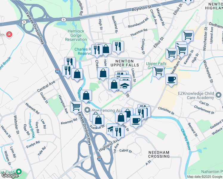 map of restaurants, bars, coffee shops, grocery stores, and more near 1186 Chestnut Street in Newton