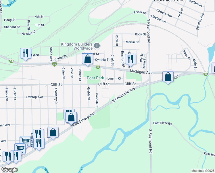 map of restaurants, bars, coffee shops, grocery stores, and more near 65 South Burdge Street in Battle Creek