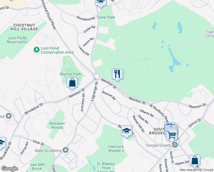 map of restaurants, bars, coffee shops, grocery stores, and more near 13 Wolcott Road in Brookline