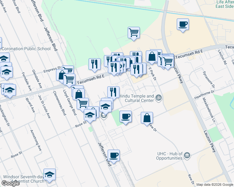 map of restaurants, bars, coffee shops, grocery stores, and more near 6548 Thornberry Crescent in Windsor