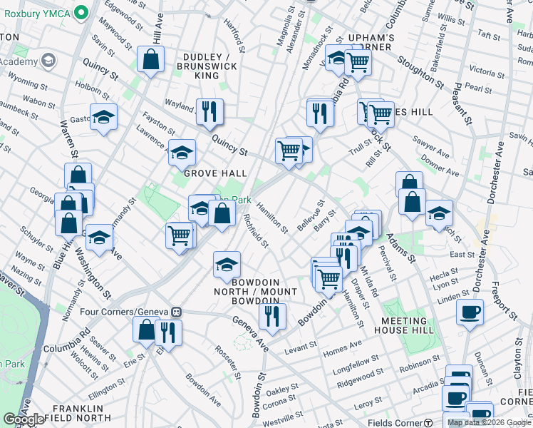 map of restaurants, bars, coffee shops, grocery stores, and more near 29 Hamilton Street in Boston