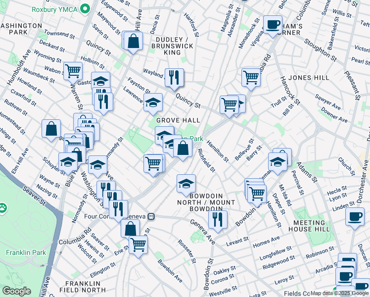 map of restaurants, bars, coffee shops, grocery stores, and more near 276 Columbia Road in Boston