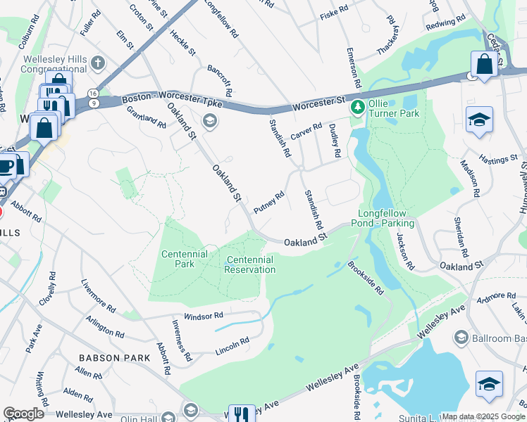 map of restaurants, bars, coffee shops, grocery stores, and more near 15 Partridge Road in Wellesley