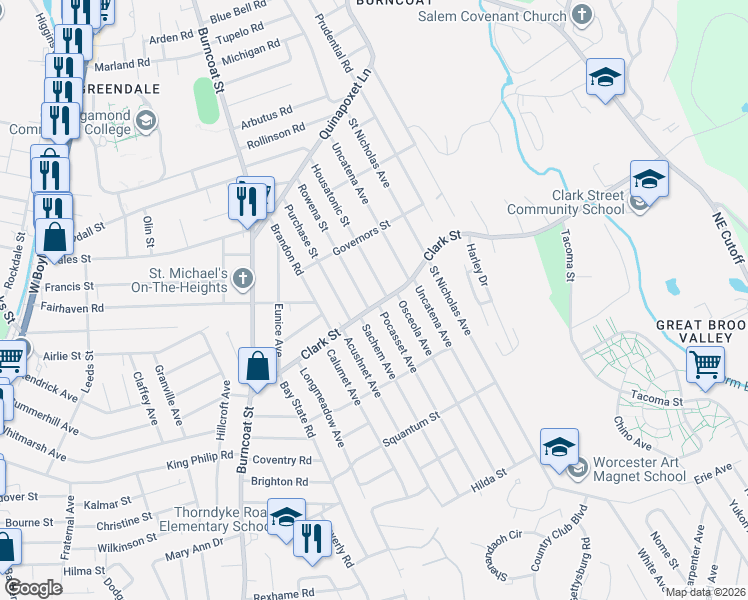map of restaurants, bars, coffee shops, grocery stores, and more near 122 Clark Street in Worcester