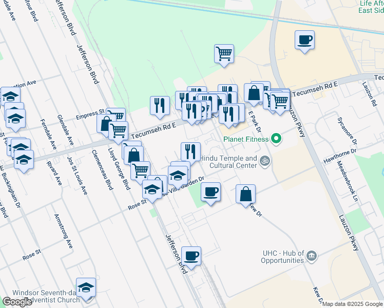 map of restaurants, bars, coffee shops, grocery stores, and more near 6591 Thornberry Crescent in Windsor
