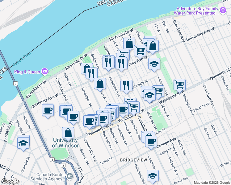 map of restaurants, bars, coffee shops, grocery stores, and more near in Windsor