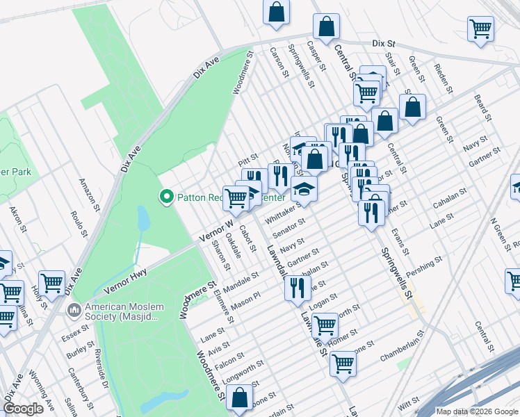 map of restaurants, bars, coffee shops, grocery stores, and more near 8426 Whittaker Street in Detroit