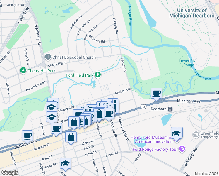 map of restaurants, bars, coffee shops, grocery stores, and more near 21800 Morley Avenue in Dearborn