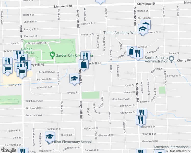map of restaurants, bars, coffee shops, grocery stores, and more near 209 Cherry Hill Trail in Inkster