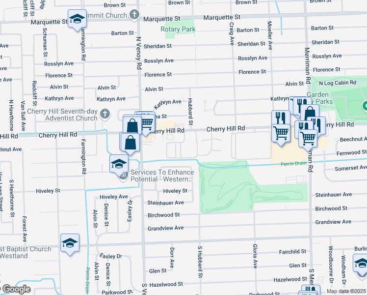 map of restaurants, bars, coffee shops, grocery stores, and more near 32514 Fernwood Street in Westland