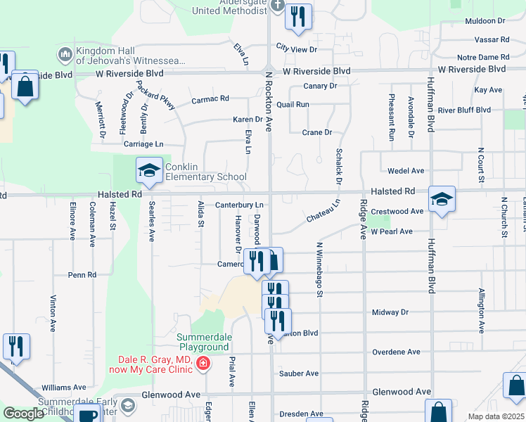 map of restaurants, bars, coffee shops, grocery stores, and more near 3315 Darwood Drive in Rockford