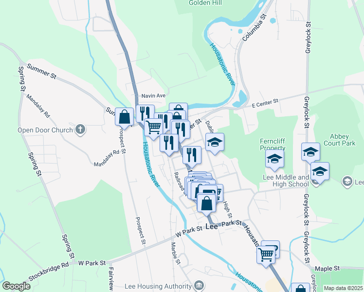 map of restaurants, bars, coffee shops, grocery stores, and more near 232 Main Street in Lee