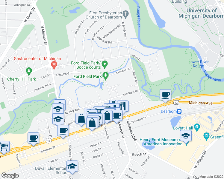 map of restaurants, bars, coffee shops, grocery stores, and more near 21800 Morley Avenue in Dearborn