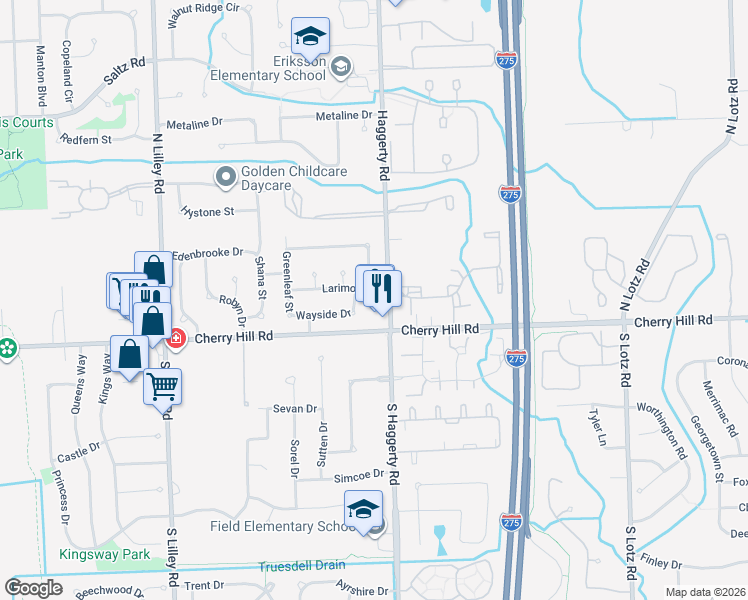 map of restaurants, bars, coffee shops, grocery stores, and more near 41559 Wayside Drive in Canton