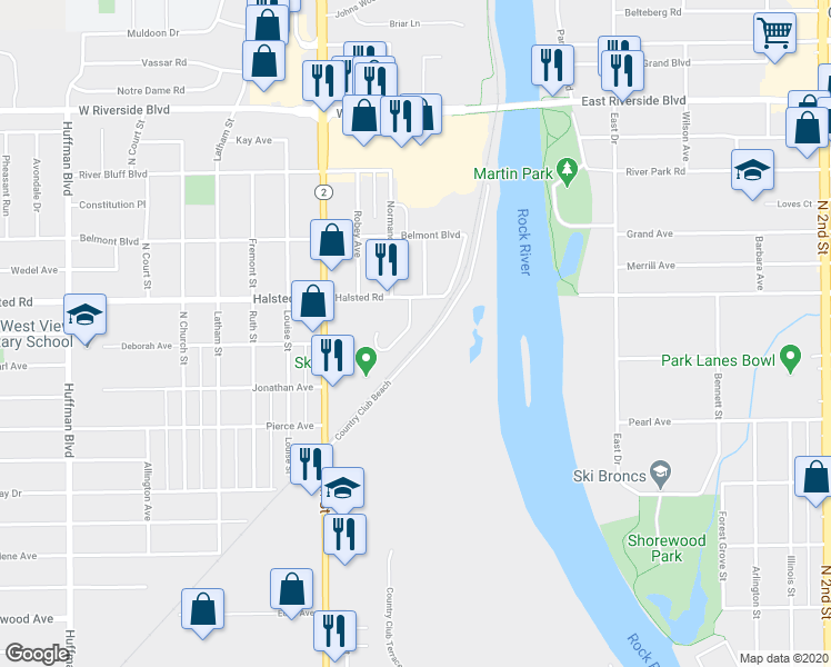map of restaurants, bars, coffee shops, grocery stores, and more near 3359 Sun Valley Terrace in Rockford