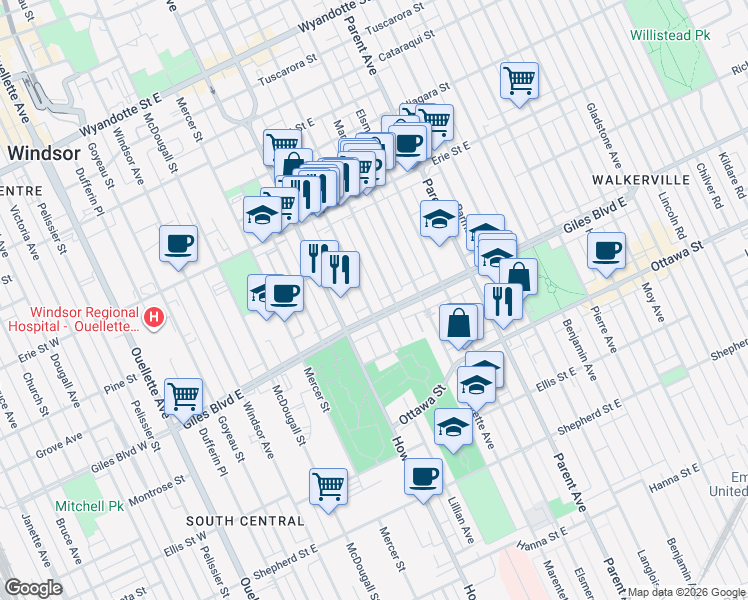 map of restaurants, bars, coffee shops, grocery stores, and more near 1186 Lillian Avenue in Windsor