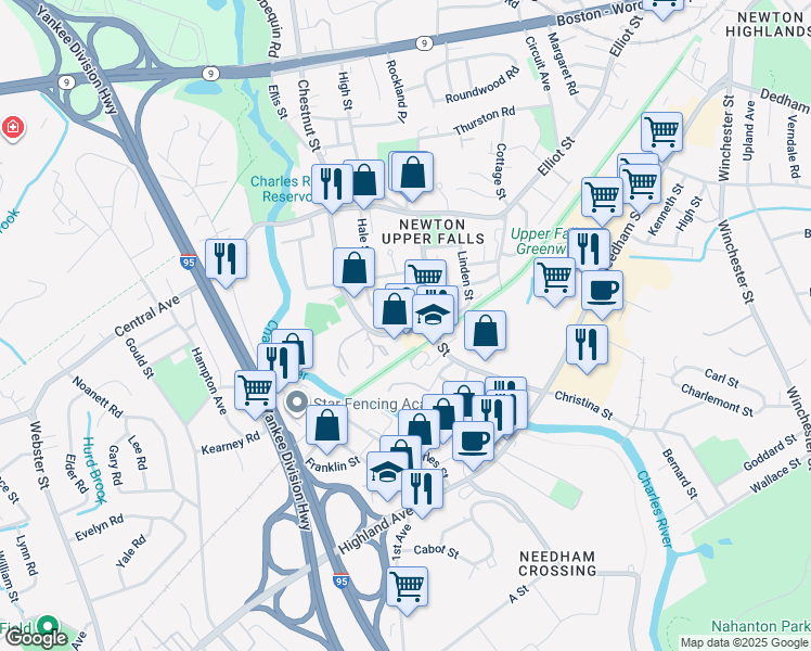map of restaurants, bars, coffee shops, grocery stores, and more near 1208 Chestnut Street in Newton