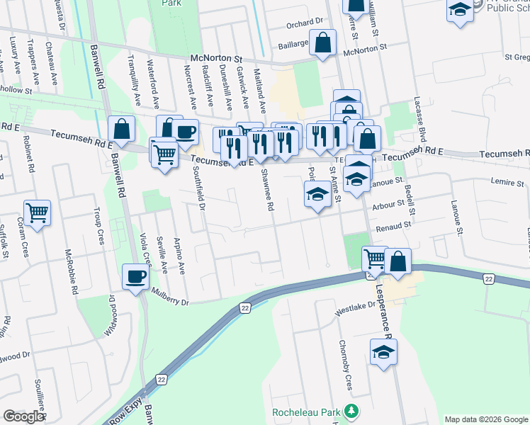 map of restaurants, bars, coffee shops, grocery stores, and more near 1323 Shawnee Road in Tecumseh