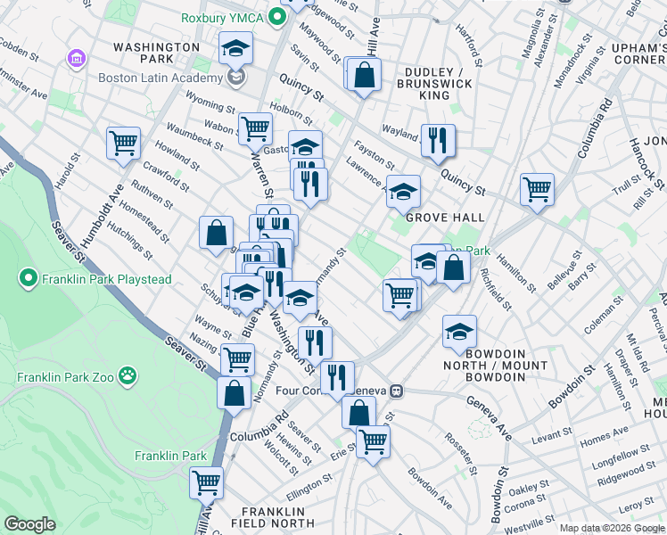 map of restaurants, bars, coffee shops, grocery stores, and more near 96 Normandy Street in Boston