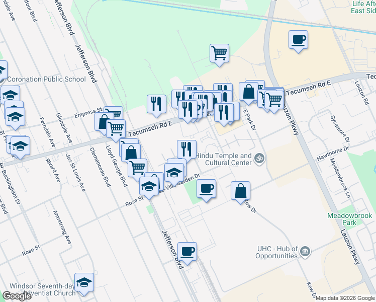 map of restaurants, bars, coffee shops, grocery stores, and more near 6524 Thornberry Crescent in Windsor