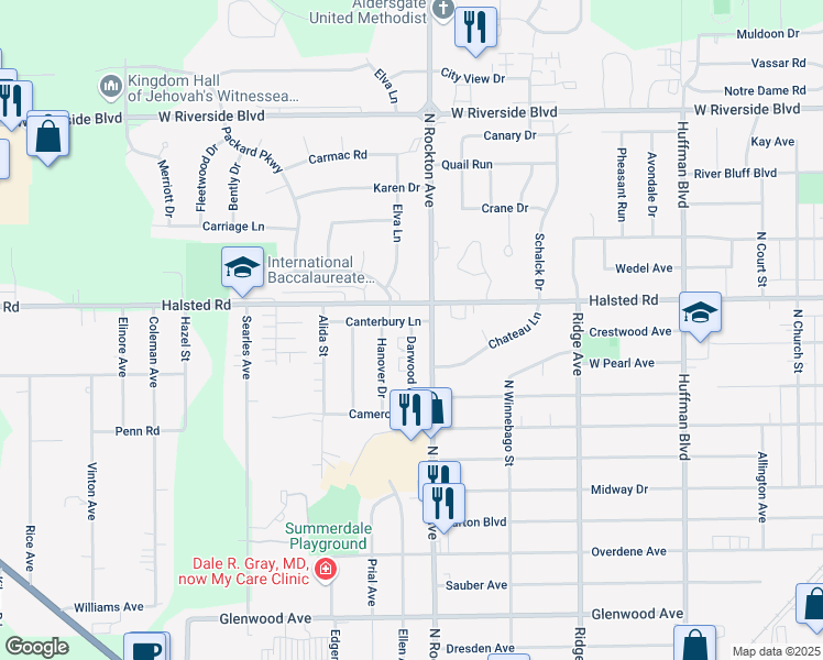map of restaurants, bars, coffee shops, grocery stores, and more near 3288 North Rockton Avenue in Rockford