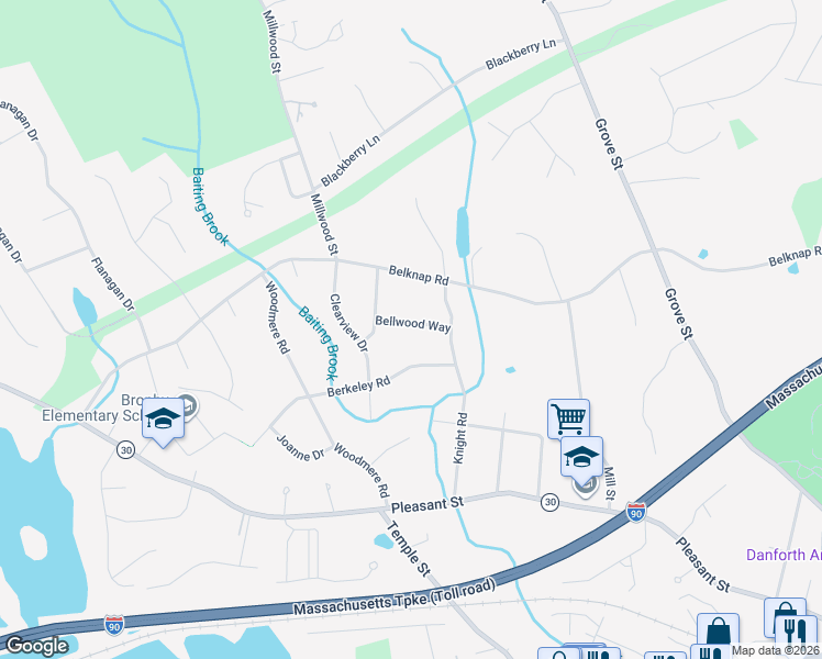 map of restaurants, bars, coffee shops, grocery stores, and more near 9 Bellwood Way in Framingham