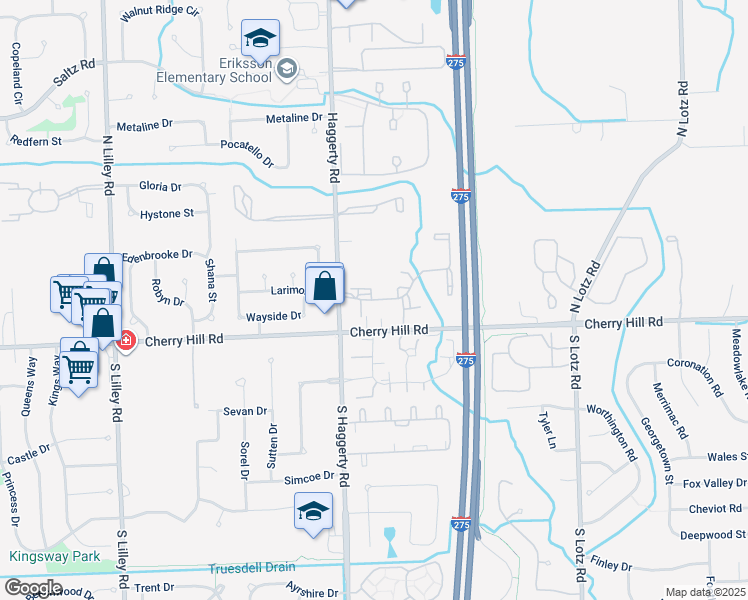 map of restaurants, bars, coffee shops, grocery stores, and more near 41330 Cherry Hill Road in Canton