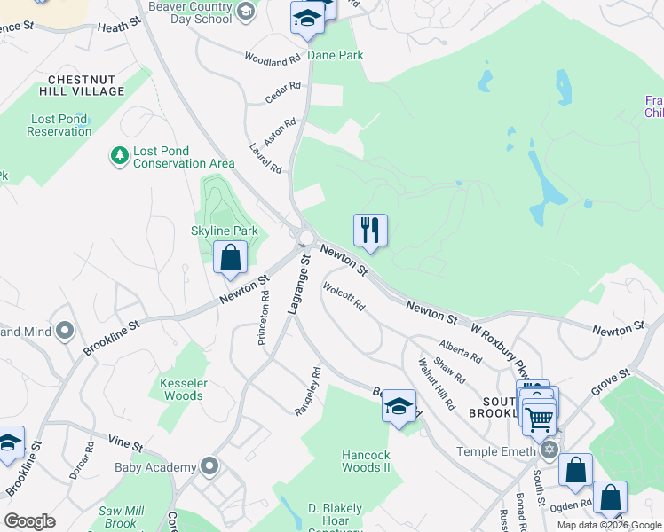 map of restaurants, bars, coffee shops, grocery stores, and more near 14 Wolcott Road in Brookline