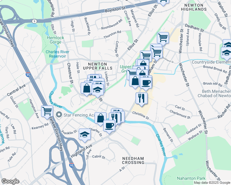 map of restaurants, bars, coffee shops, grocery stores, and more near 55 Tower Road in Newton