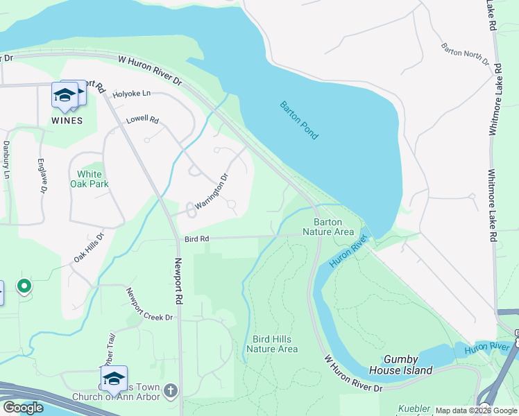 map of restaurants, bars, coffee shops, grocery stores, and more near 1141 West Huron River Drive in Ann Arbor