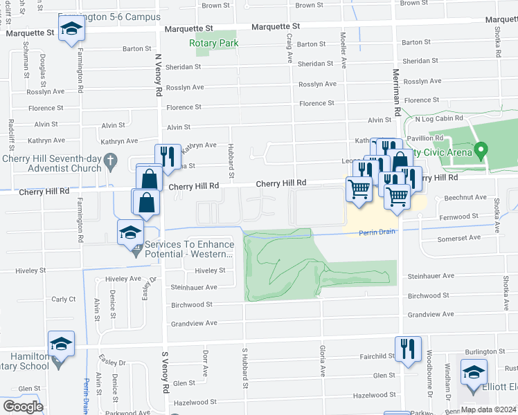 map of restaurants, bars, coffee shops, grocery stores, and more near 232 Waterbury Court in Westland